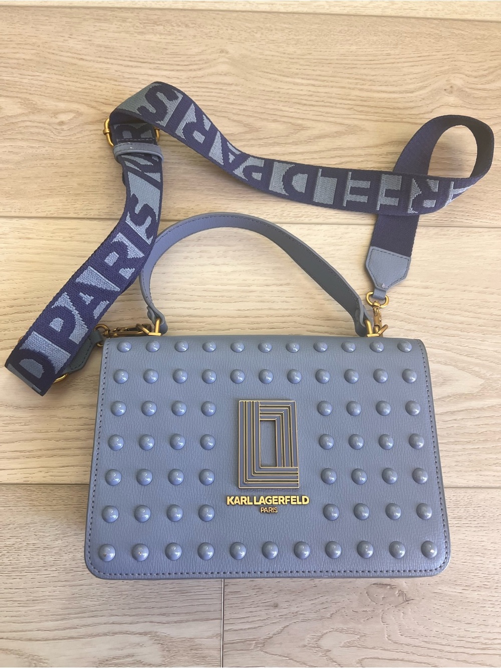 KARL LAGERFELD Paris Studded Leather Shoulder Bag in Light Gray